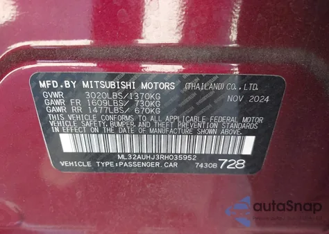 2024 Mitsubishi Mirage Es/Le from USA, damaged, VIN ML32AUHJ3RH035952